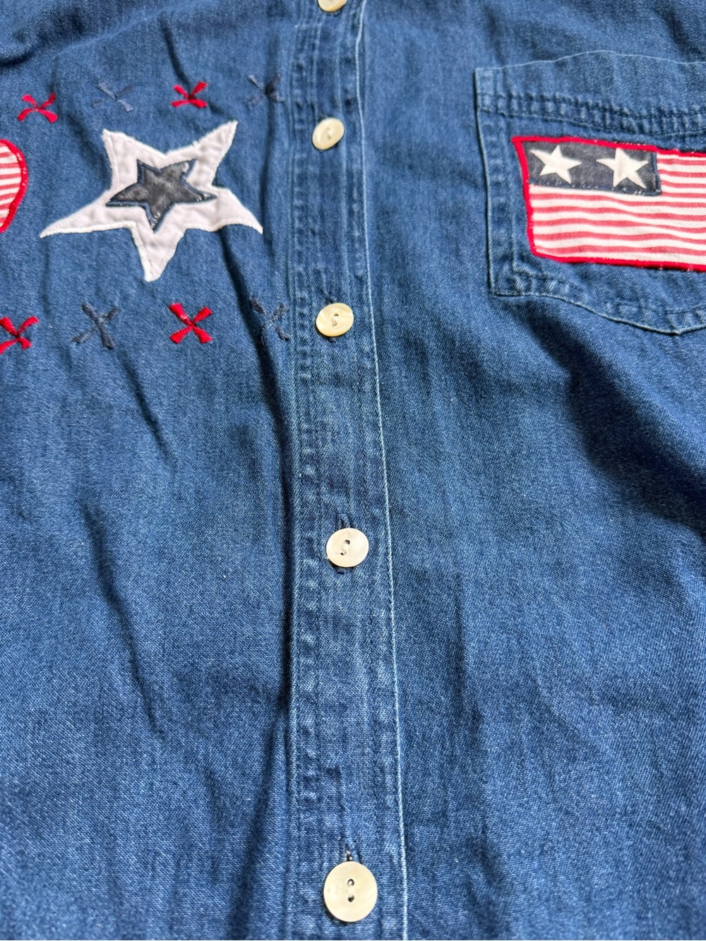 Vintage Patriotic Embroidered Denim Button Up Shirt July 4 Grandmacore Festival - Picture 2 of 9